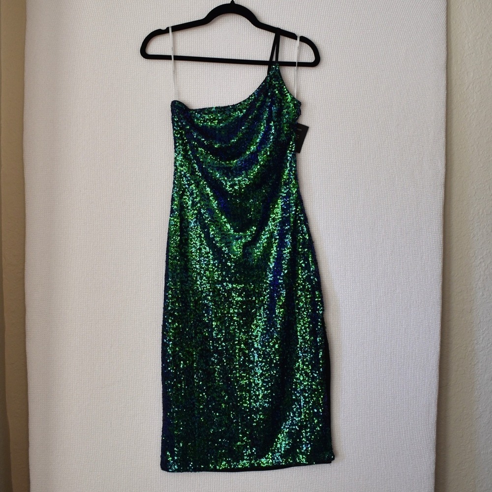 Lulus Green Blue Sequin One Shoulder Midi Dress Bodycon Cocktail Party Small NWT